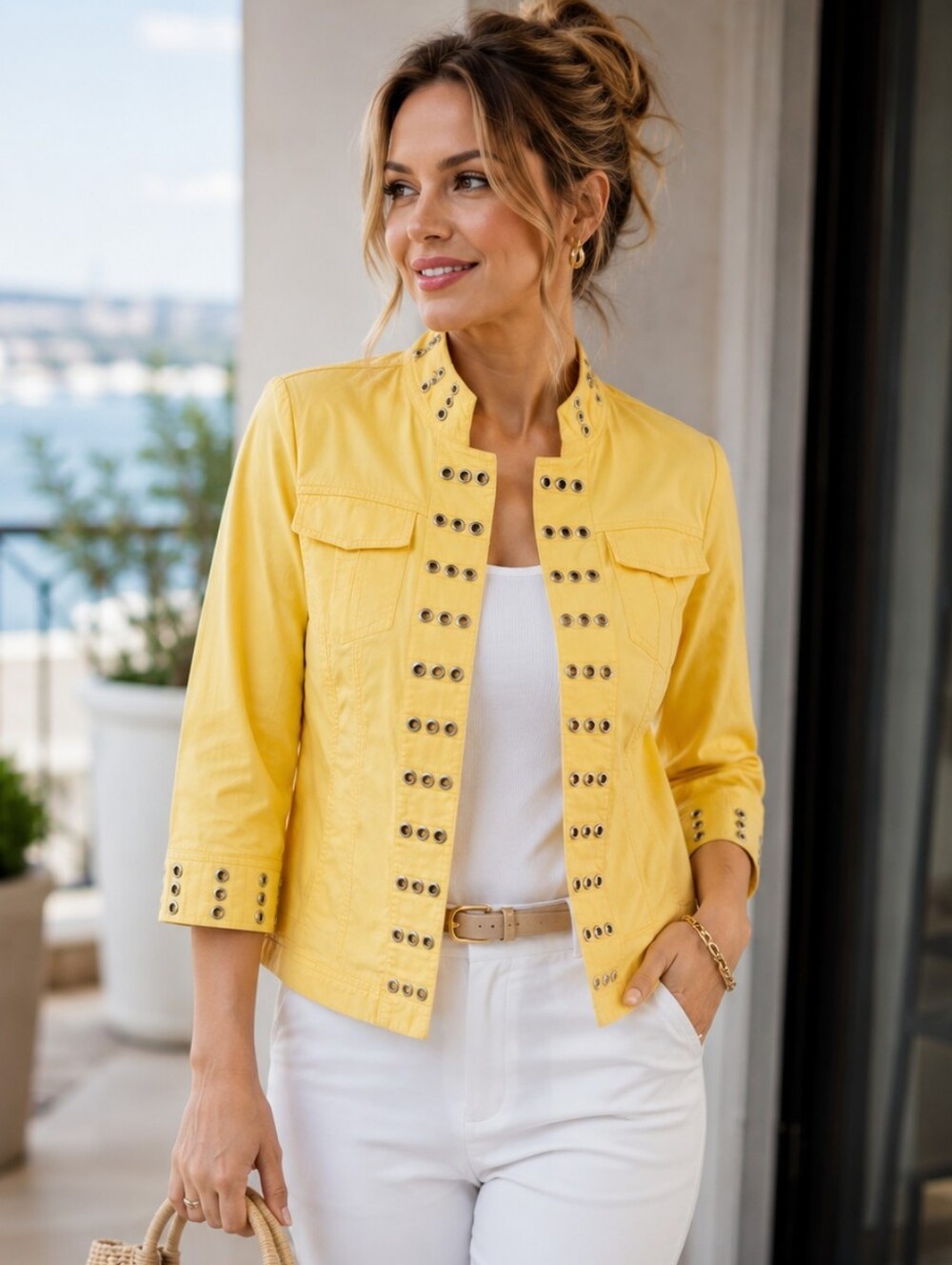 Tria Yellow Cropped  Jacket with Grommet Detail, 3/4 Sleeve, Pockets